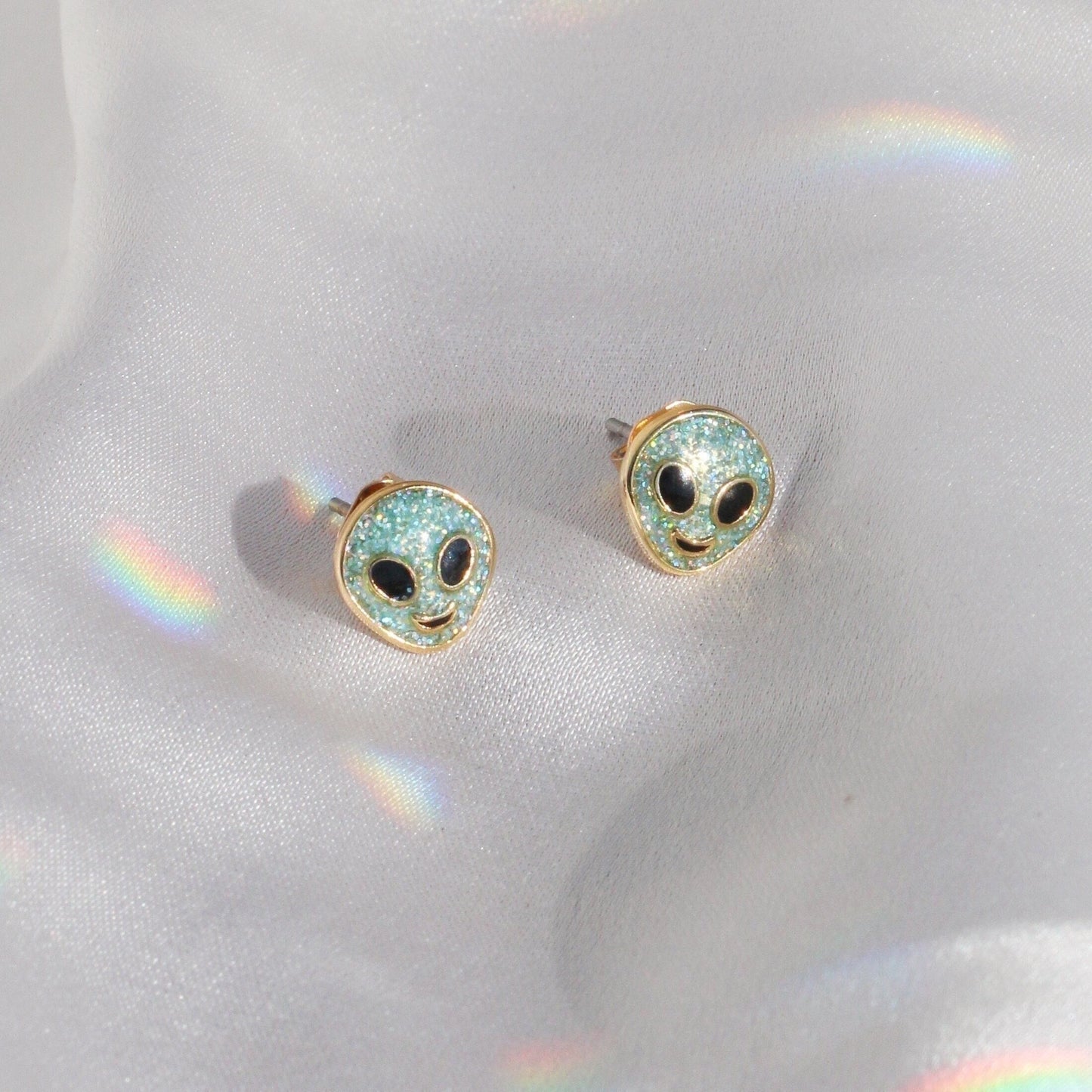 JW00425-MNT-OS-R - Alien -  Stud Earrings - Tiny - Glitter Aqua & Gold - Wildflower + Co. Jewelry