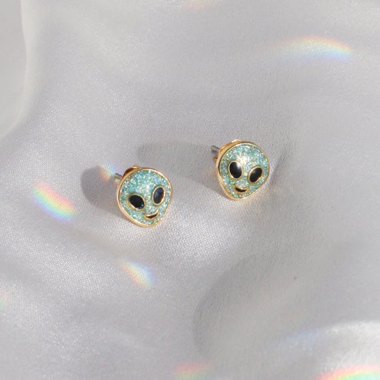JW00425-MNT-OS-R - Alien -  Stud Earrings - Tiny - Glitter Aqua & Gold - Wildflower + Co. Jewelry