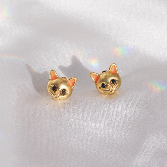 JW00431-GLD-OS-R - Cat Stud Earrings - Cute - Wildflower + Co. Jewelry Gifts   satin