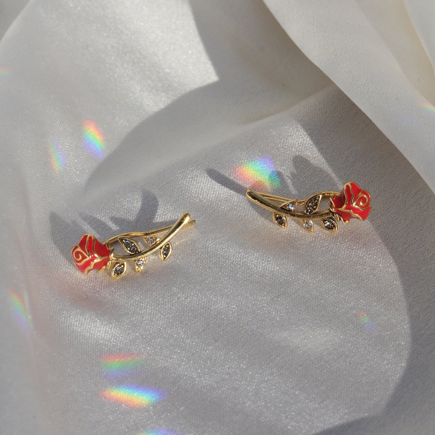 JW00598-GLD-OS-R - Red Rose Climber Earrings, Gold - Wildflower + Co satin