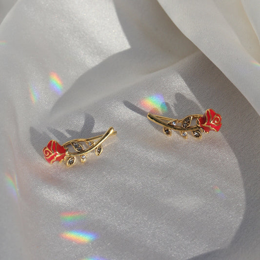 JW00598-GLD-OS-R - Red Rose Climber Earrings, Gold - Wildflower + Co satin
