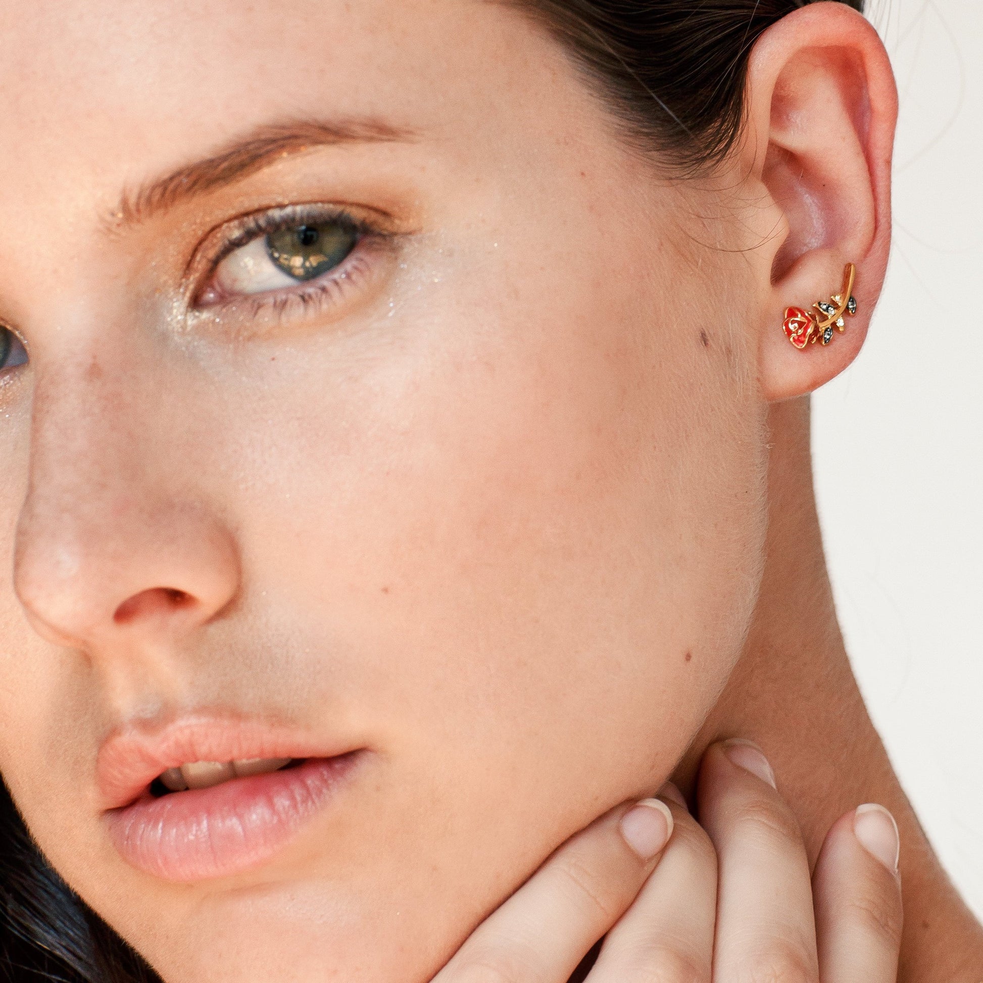 JW00598-GLD-OS-R - Red Rose Climber Earrings, Gold - Wildflower + Co model