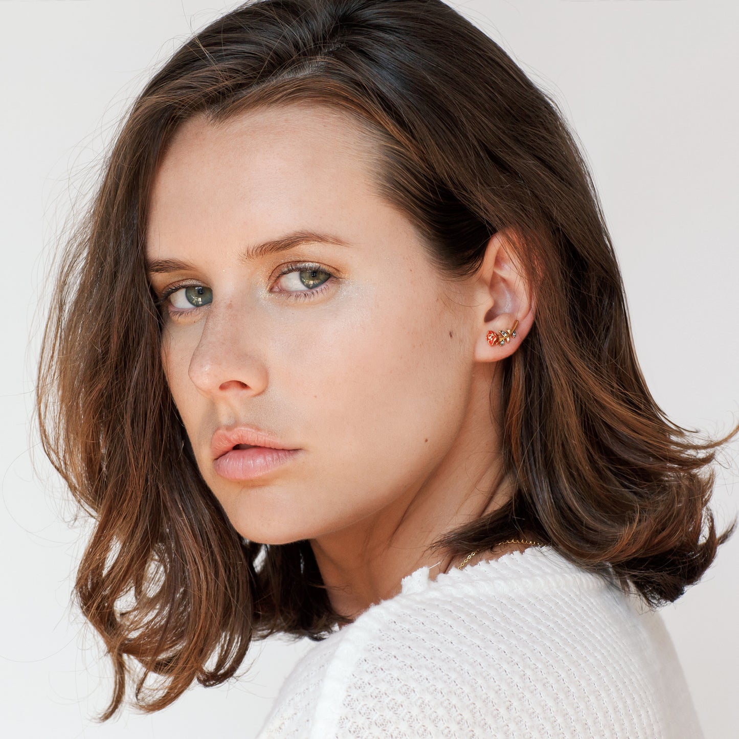 JW00598-GLD-OS-R - Red Rose Climber Earrings, Gold - Wildflower + Co model