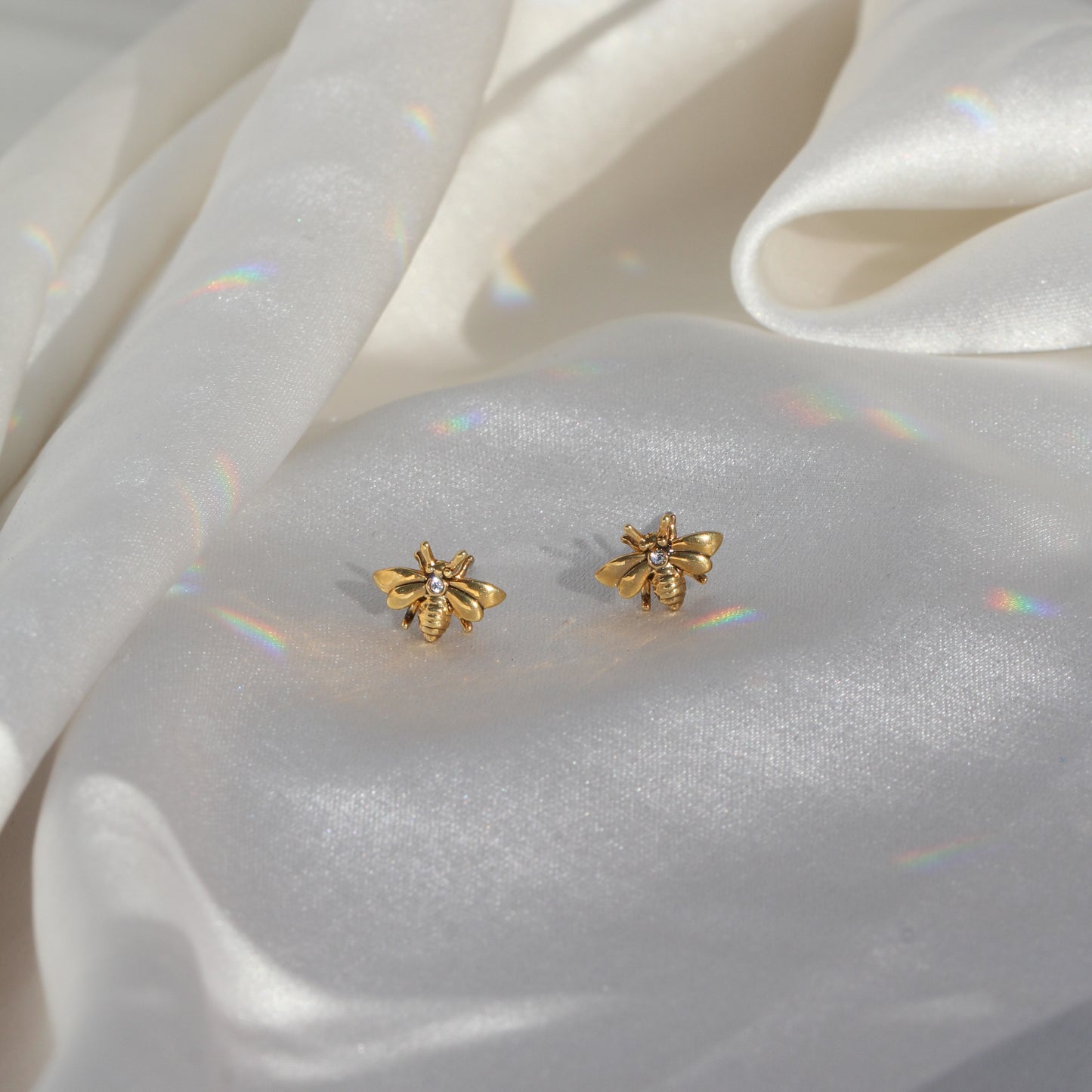 JW00685-GLD-OS - Bee Stud Earrings - Tiny Gold - Cute Earrings - Wildflower + Co. Jewelry Gift BOXED satin