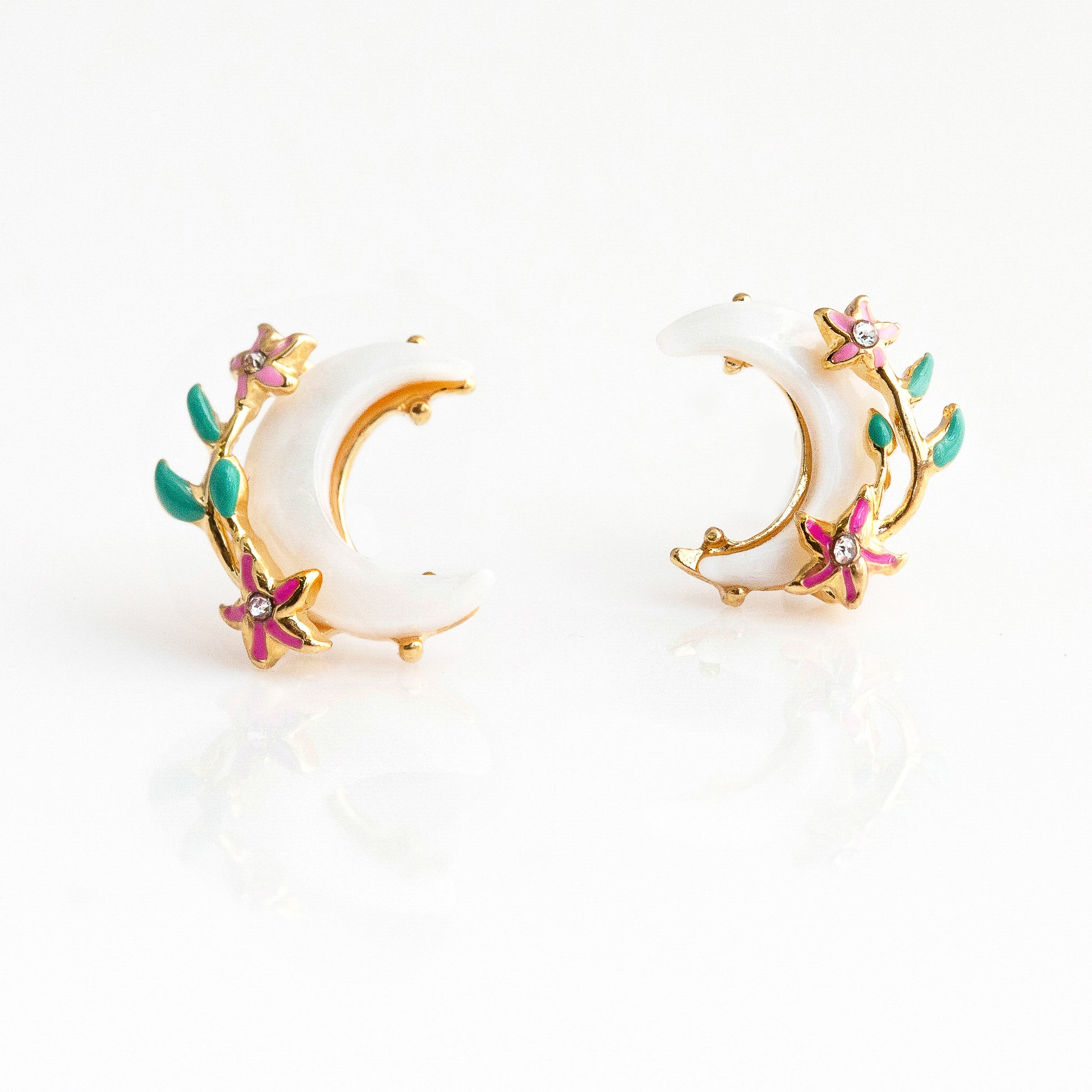 JW00687-GLD-OS - Moon & Flower Stud Earrings, Shell & Gold - Wildflower + Co floating