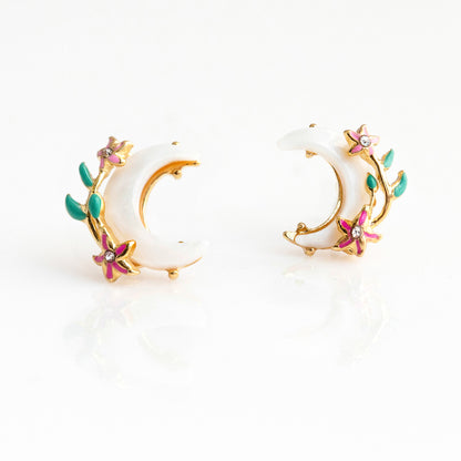 JW00687-GLD-OS - Moon & Flower Stud Earrings, Shell & Gold - Wildflower + Co floating