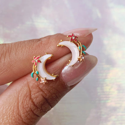 JW00687-GLD-OS - Moon & Flower Stud Earrings, Shell & Gold - Wildflower + Co hands