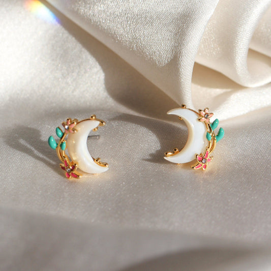 JW00687-GLD-OS - Moon & Flower Stud Earrings, Shell & Gold - Wildflower + Co