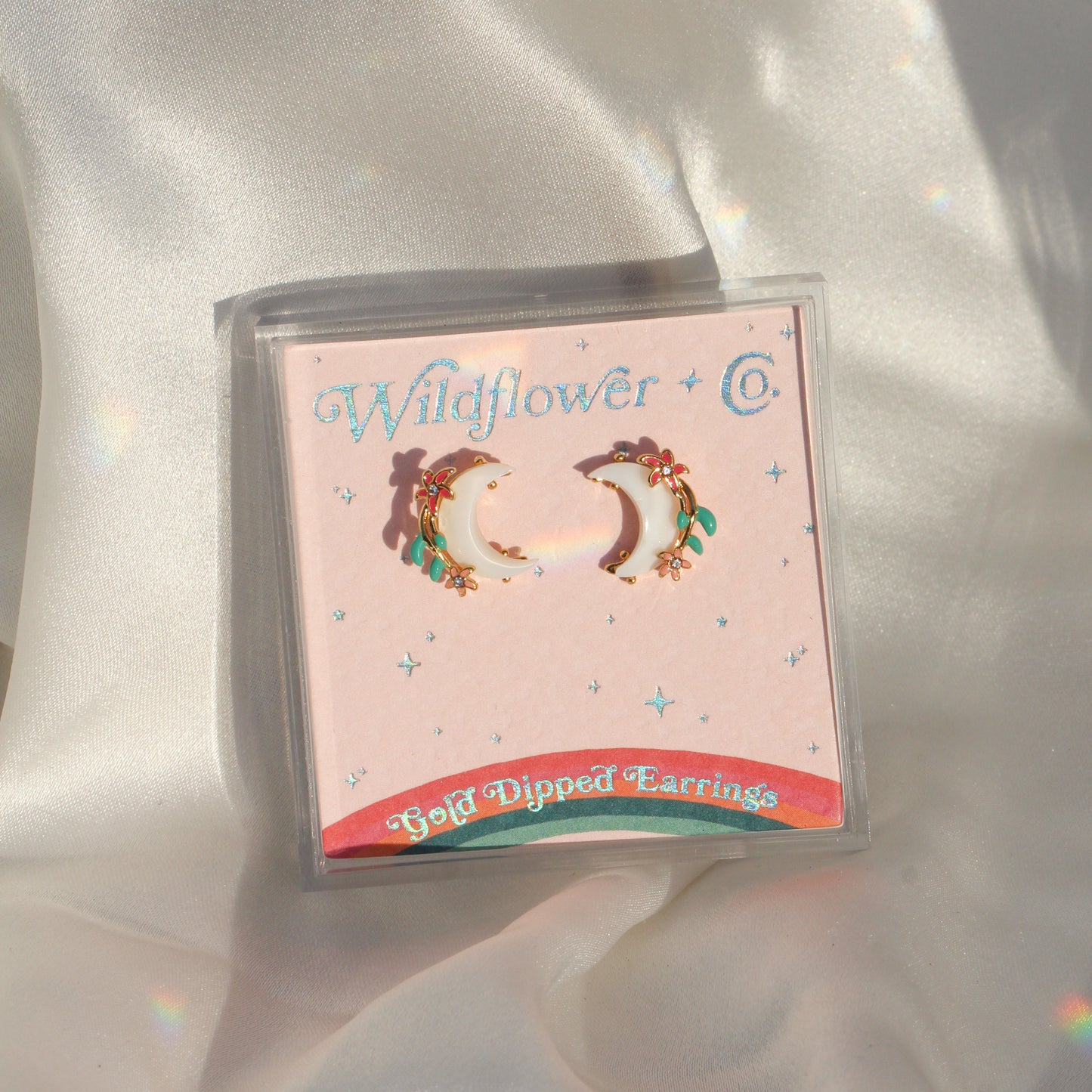 JW00687-GLD-OS - Moon & Flower Stud Earrings, Shell & Gold - Wildflower + Co box