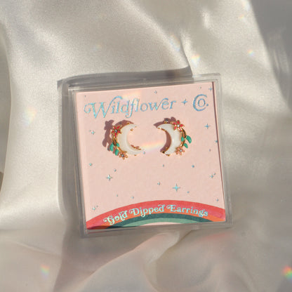 JW00687-GLD-OS - Moon & Flower Stud Earrings, Shell & Gold - Wildflower + Co box
