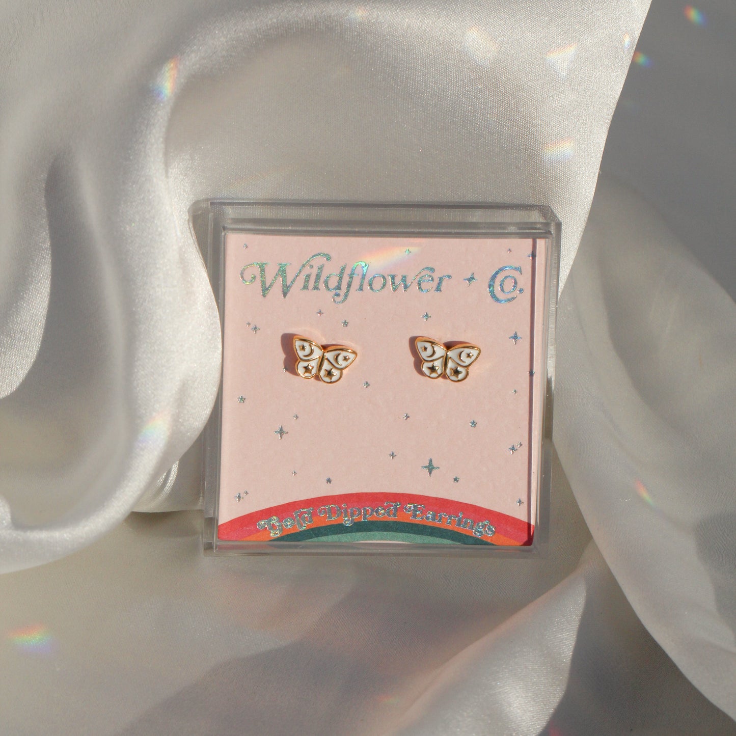 JW00879-GLD-OS-R - Butterfly Stud Earrings - Tiny White Gold Moons Celestial - Wildflower + Co Jewelry BOXED