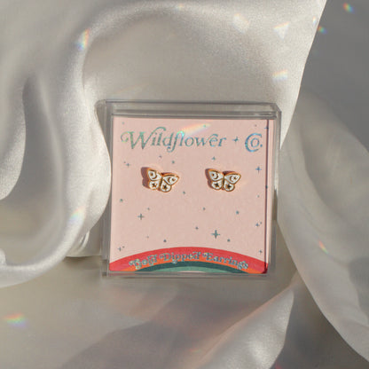 JW00879-GLD-OS-R - Butterfly Stud Earrings - Tiny White Gold Moons Celestial - Wildflower + Co Jewelry BOXED