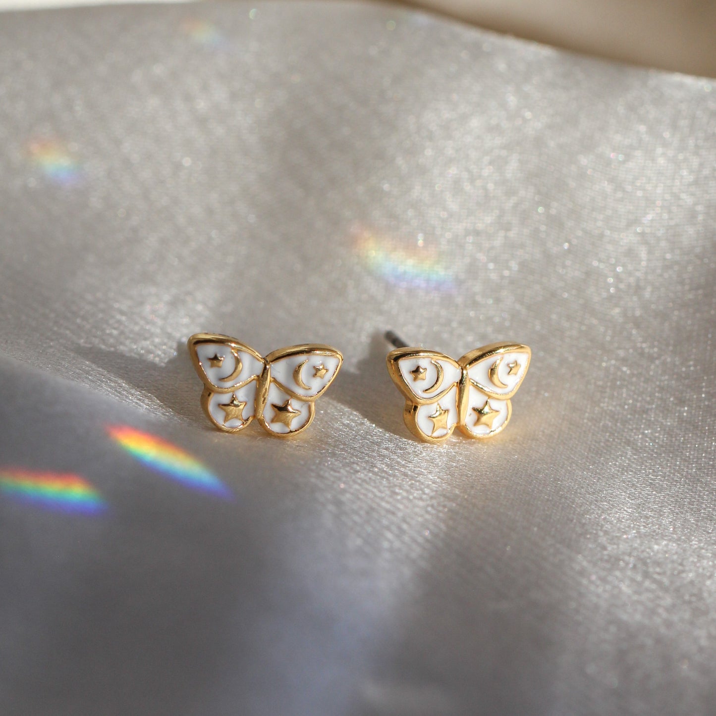 JW00879-GLD-OS-R - Butterfly Stud Earrings - Tiny White Gold Moons Celestial - Wildflower + Co Jewelry BOXED satin