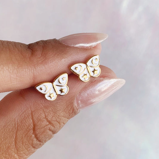 JW00879-GLD-OS-R - Butterfly Stud Earrings - Tiny White Gold Moons Celestial - Wildflower + Co Jewelry BOXED hand