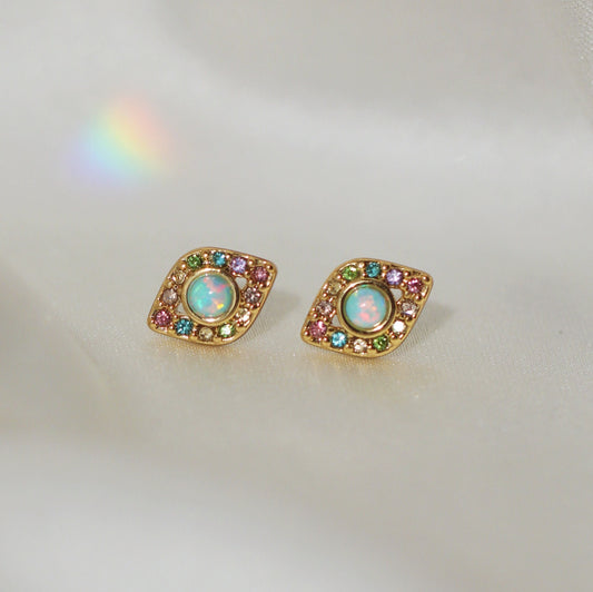 JW01003-GLD-OS - Evil Eye Stud Earrings, Opal & Pastel Pave - Wildflower + Co