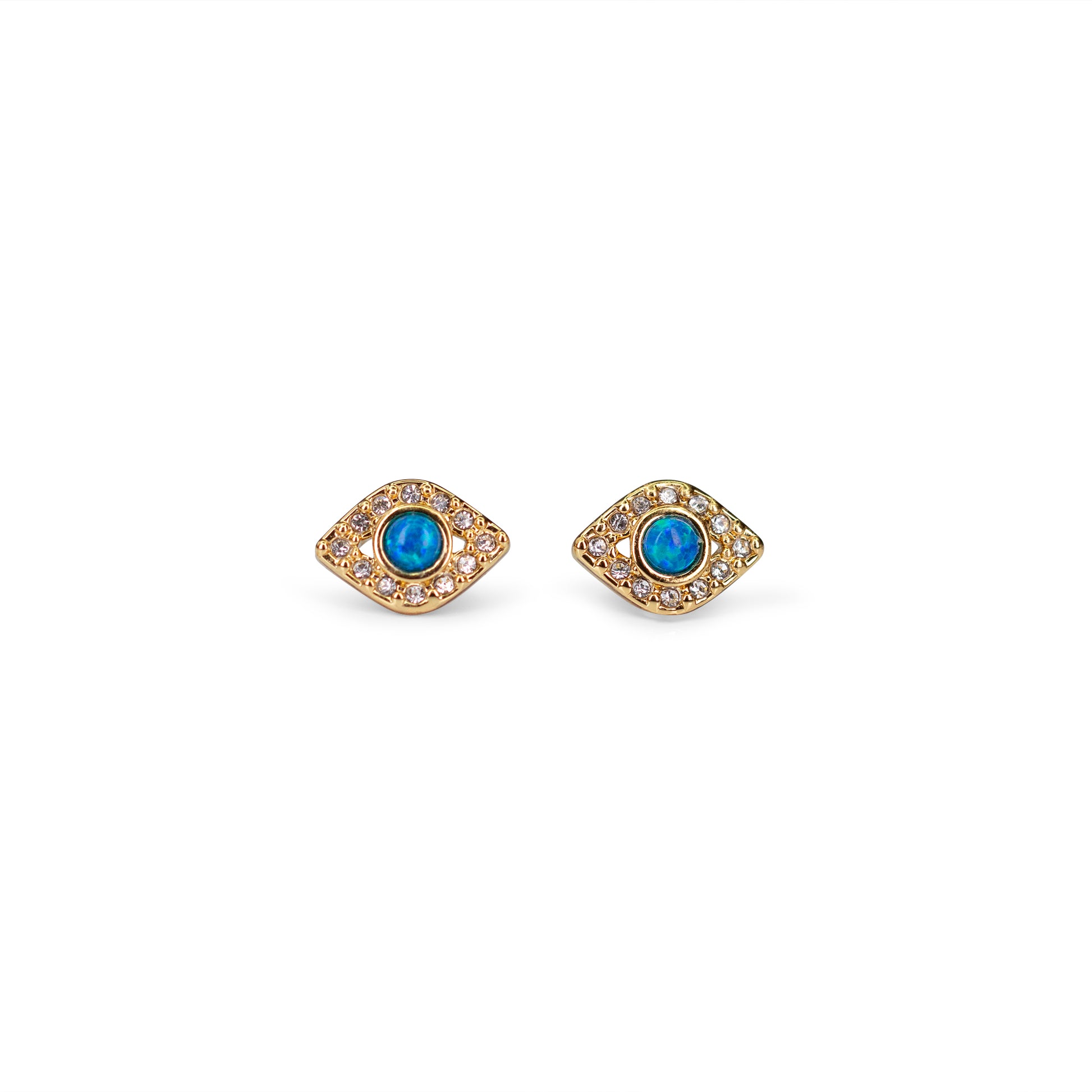 JW01004-GLD-OS - Evil Eye Stud Earrings, Blue Opal & Pave - Wildflower + Co floating