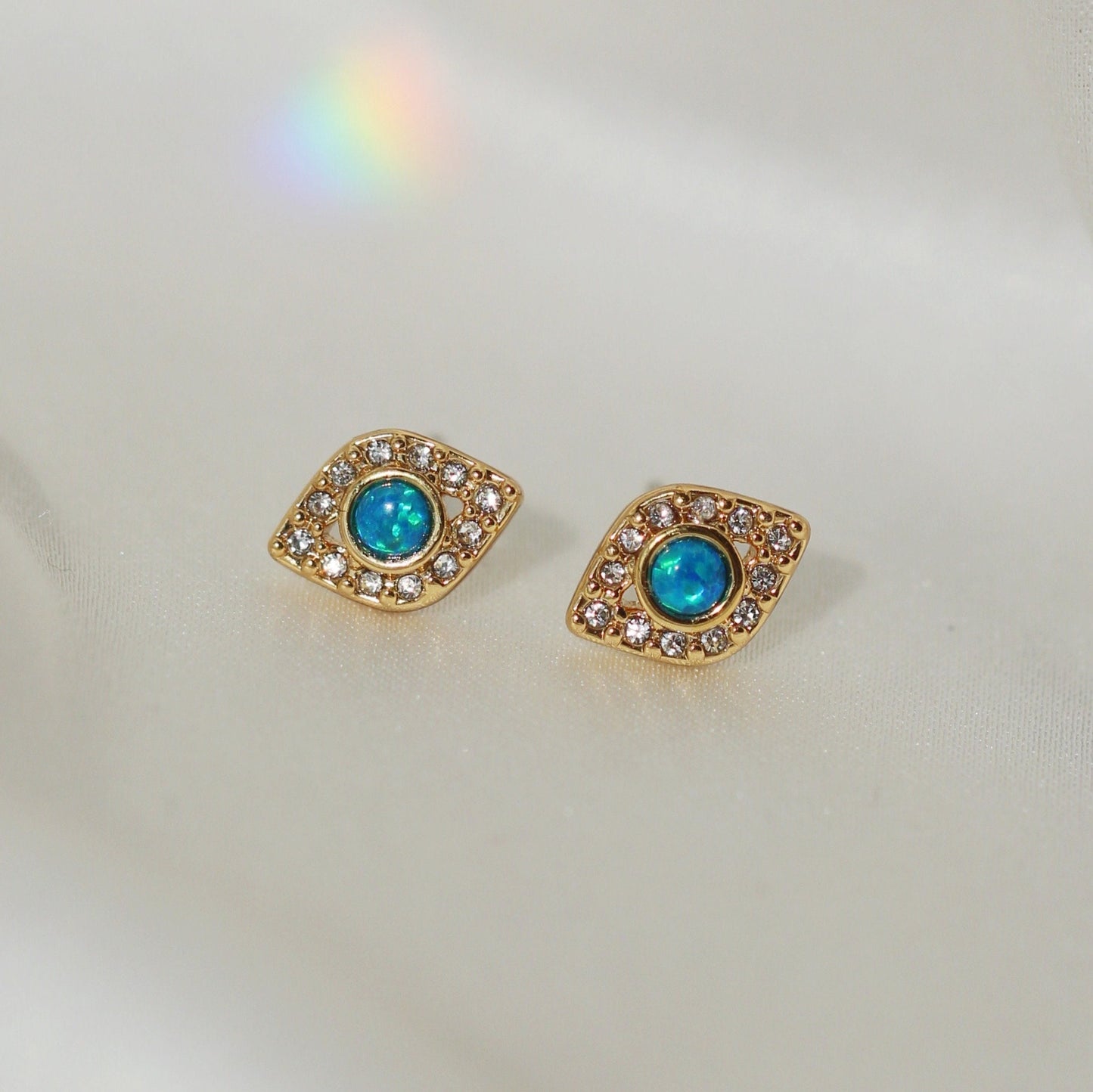 JW01004-GLD-OS - Evil Eye Stud Earrings, Blue Opal & Pave - Wildflower + Co (1)