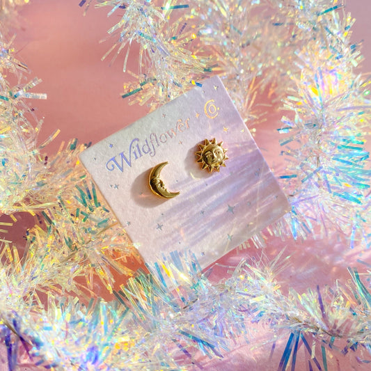 JW01013-GLD-OS - Sun & Moon Stud Earrings - Cute Jewelry - Gold Accessories - Wildflower + Co