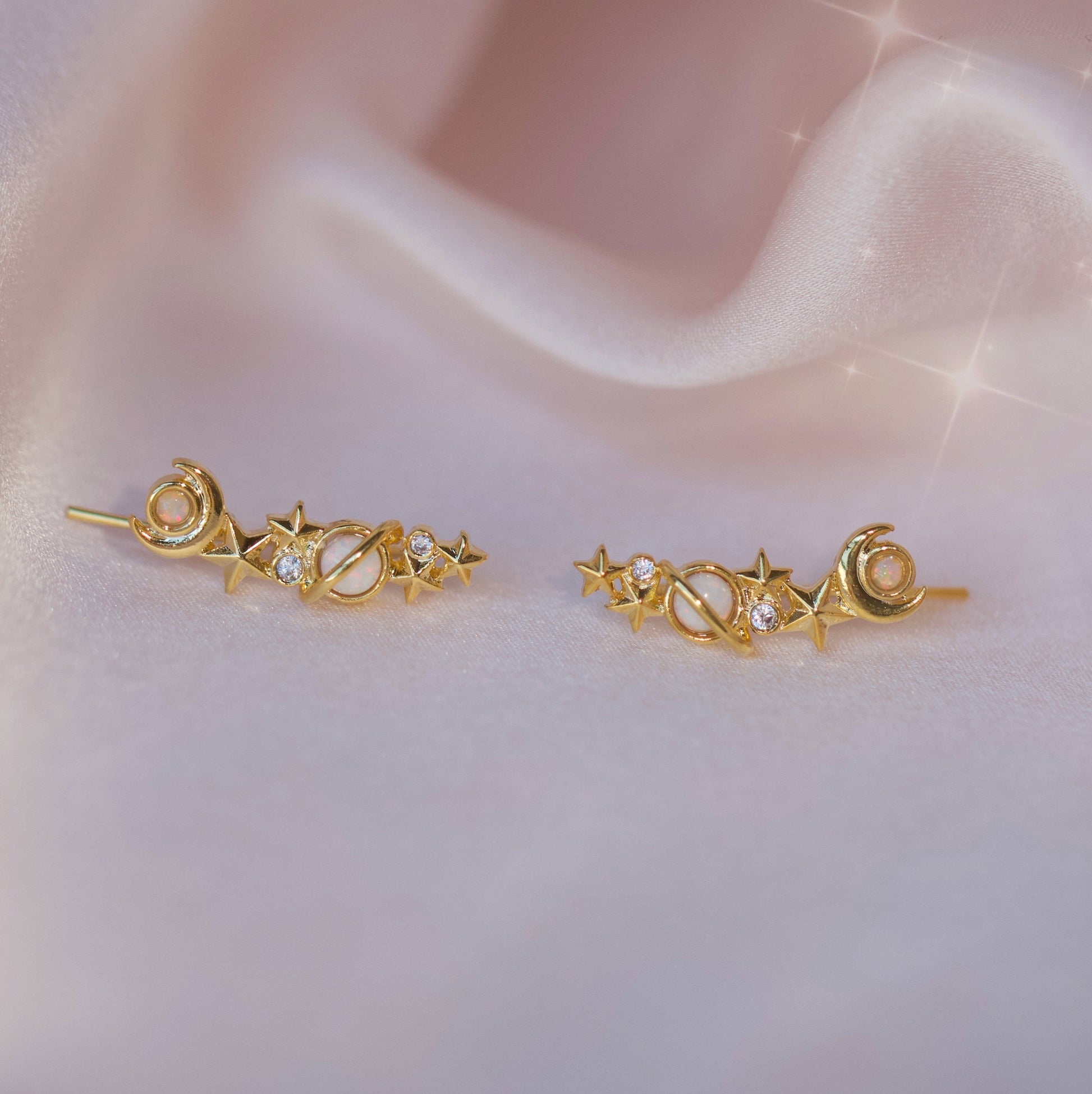 JW01018-GLD-OS - Galaxy Crawler Earrings, White Opal - Wildflower + Co