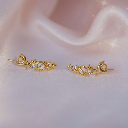 JW01018-GLD-OS - Galaxy Crawler Earrings, White Opal - Wildflower + Co