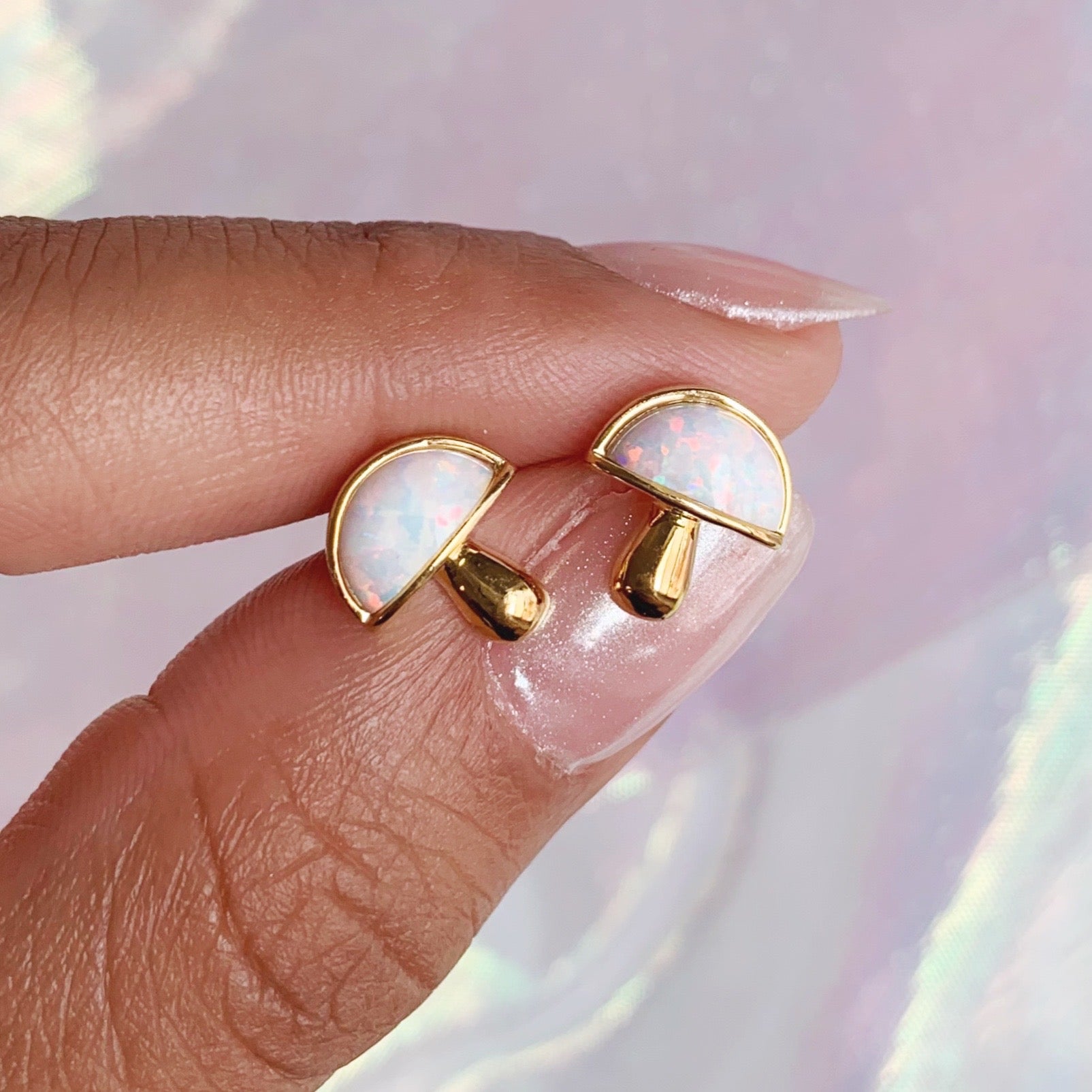 JW01022-GLD-OS - Opal Mushroom Stud Earrings - Wildflower + Co scale - in hand