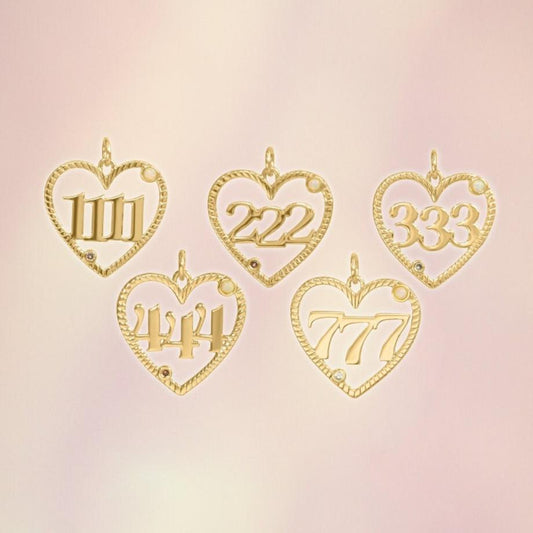 JW01025-1026-1027-1028 Angel Number Heart Charms - Gold - Wildflower Co. - 1111 (5) group pic