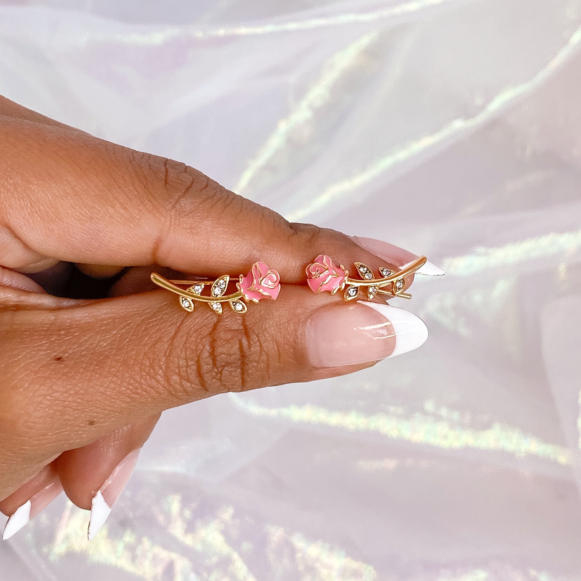 JW01117-GLD-OS - Rose Climber Earrings, Pink & Gold - Gold Studs - Rose Accessories - Cute Jewlery - Wildflower + Co - in hand