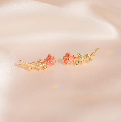 JW01117-GLD-OS - Rose Climber Earrings, Pink & Gold - Gold Studs - Rose Accessories - Cute Jewlery - Wildflower + Co - satin