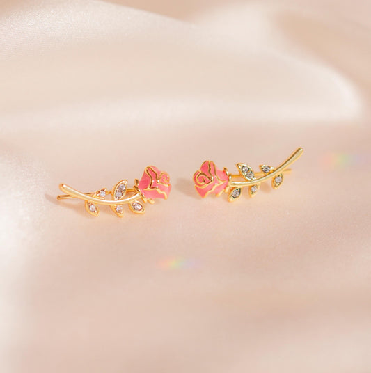 JW01117-GLD-OS - Rose Climber Earrings, Pink & Gold - Gold Studs - Rose Accessories - Cute Jewlery - Wildflower + Co - satin