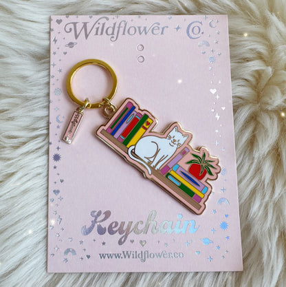 Cat Bookshelf Enamel Keychain