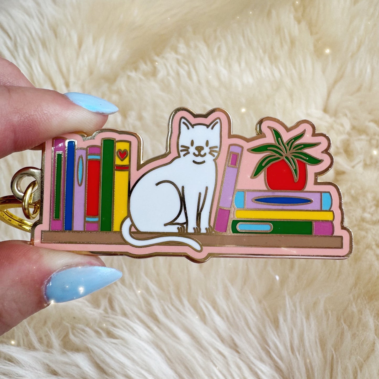 Cat Bookshelf Enamel Keychain