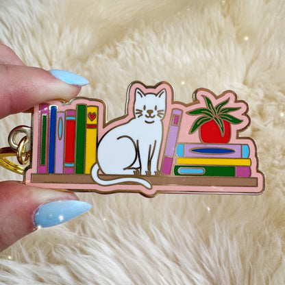 Cat Bookshelf Enamel Keychain