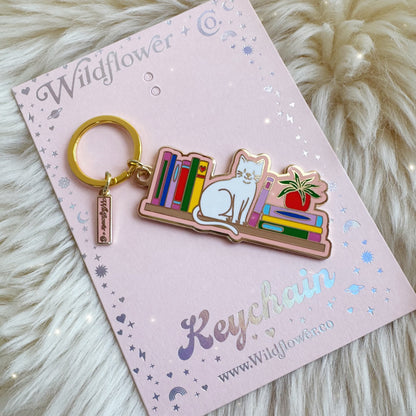 Cat Bookshelf Enamel Keychain