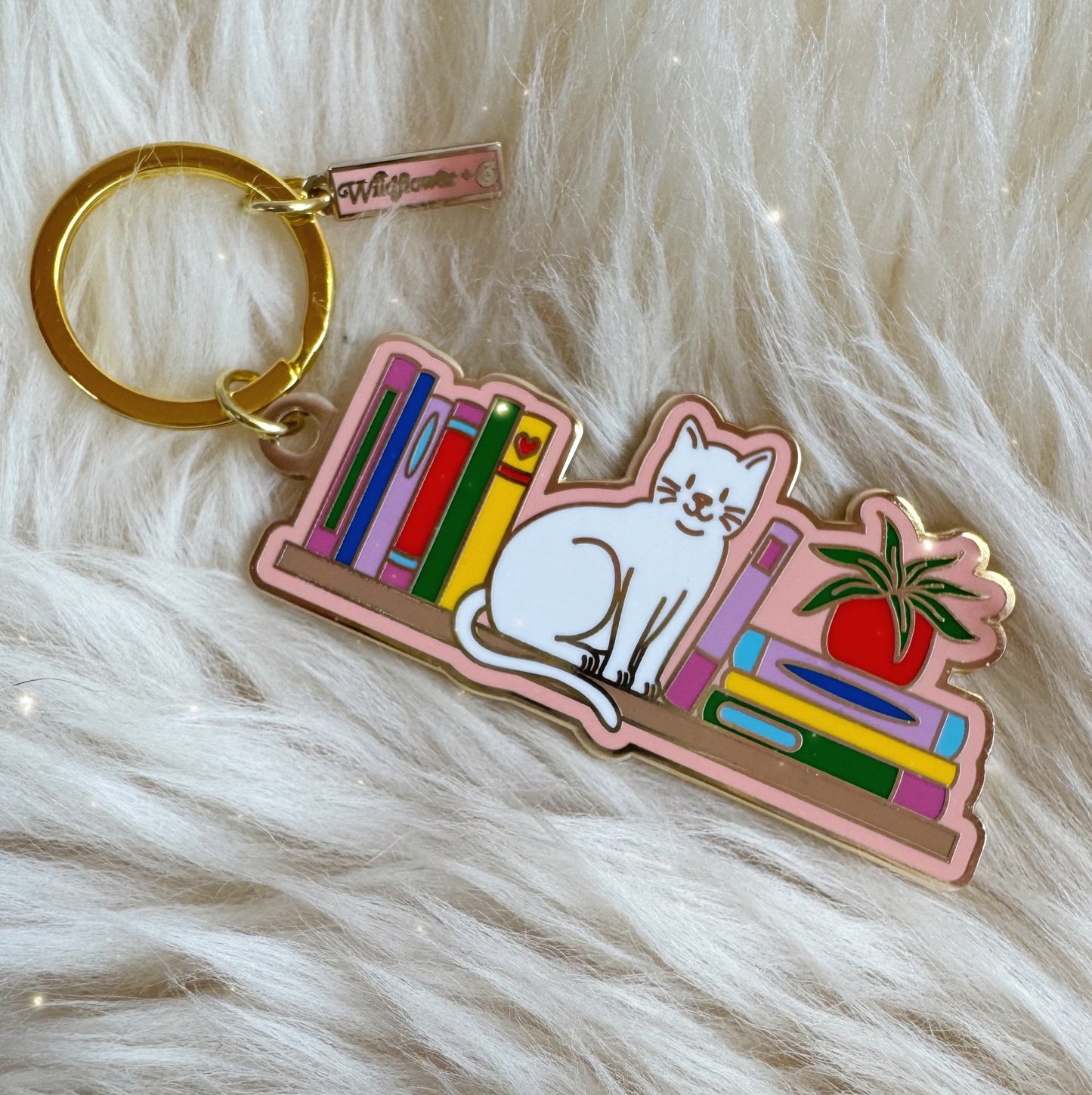 Cat Bookshelf Enamel Keychain