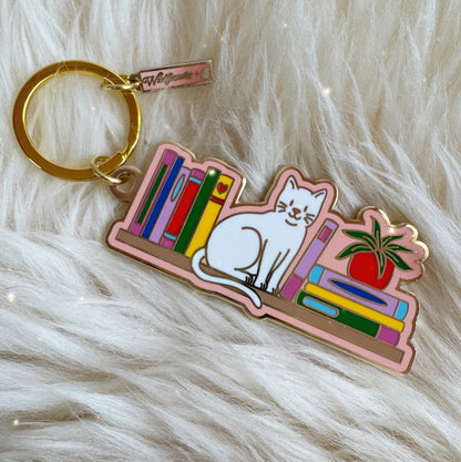 Cat Bookshelf Enamel Keychain