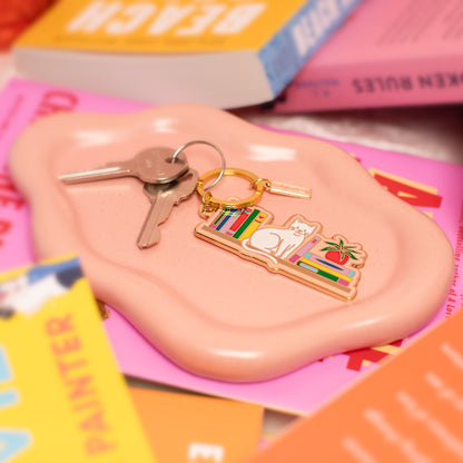 Cat Bookshelf Enamel Keychain