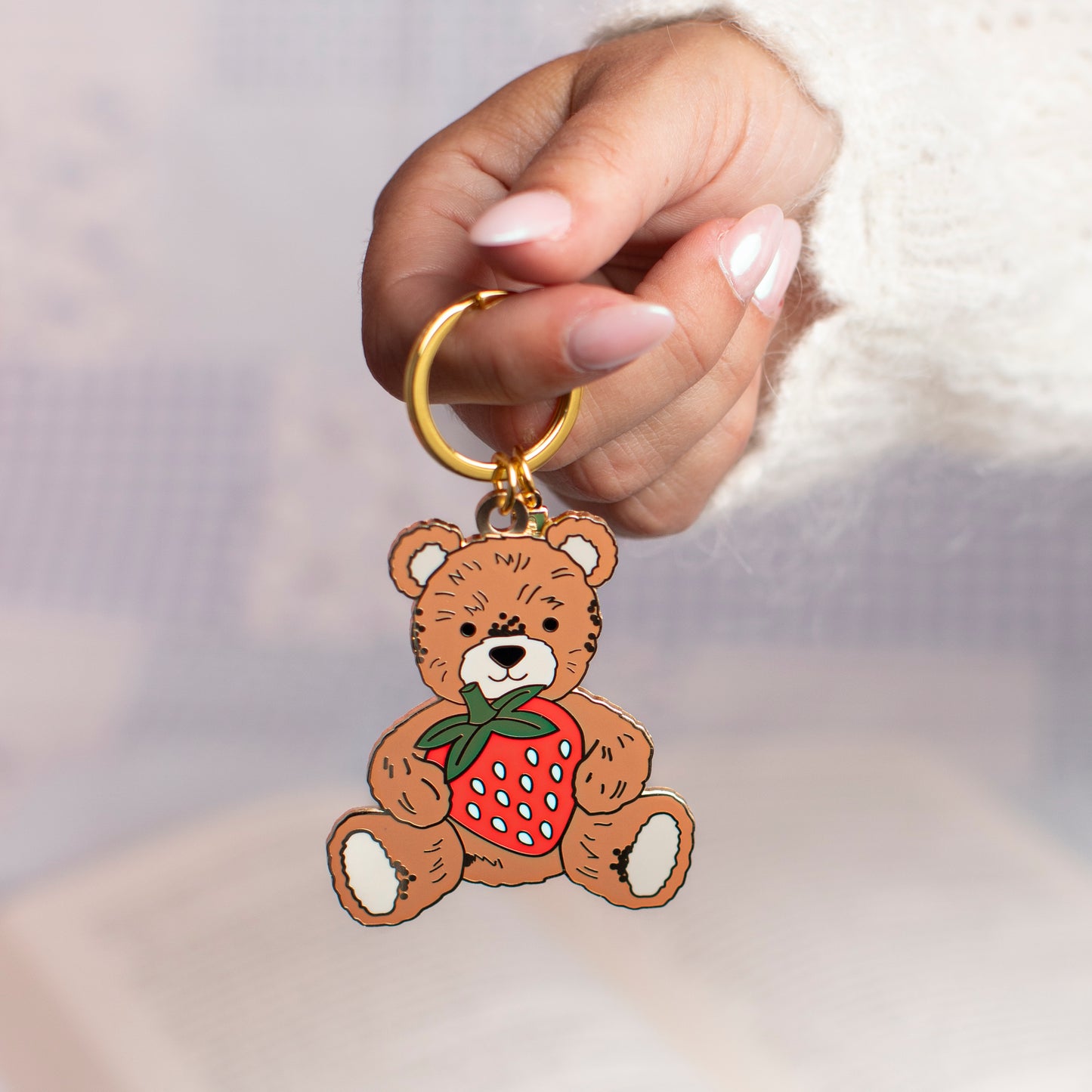 Teddy Bear w. Strawberry Enamel Keychain