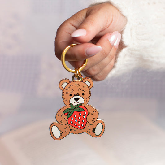 Teddy Bear w. Strawberry Enamel Keychain