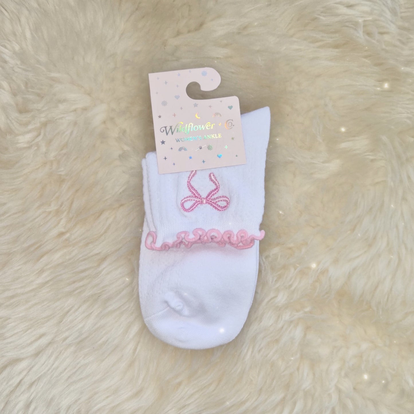Bow Embroidered Ruffle Socks, White