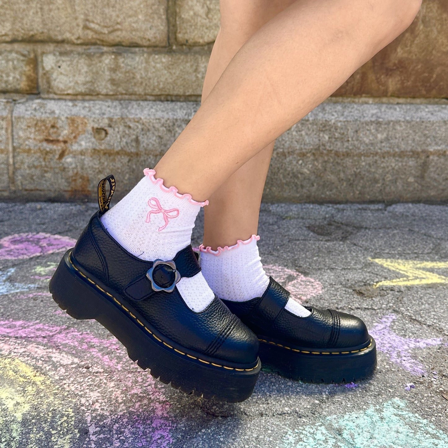Bow Embroidered Ruffle Socks, White