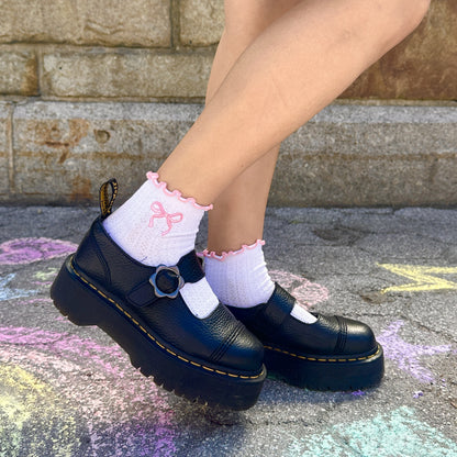 Bow Embroidered Ruffle Socks, White