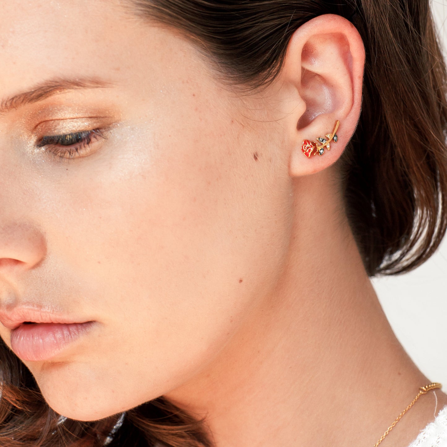 JW00598-GLD-OS-R - Red Rose Climber Earrings, Gold - Wildflower + Co model