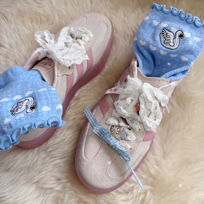 Swan Embroidered Ruffle Socks - Sky Blue
