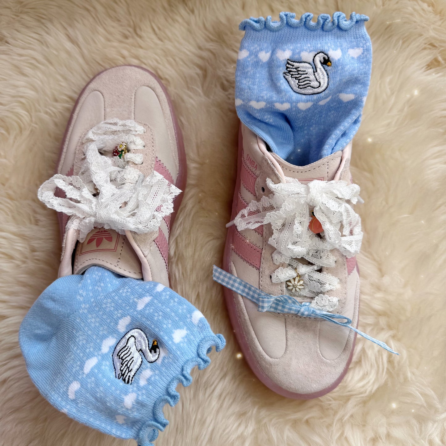 Swan Embroidered Ruffle Socks - Sky Blue