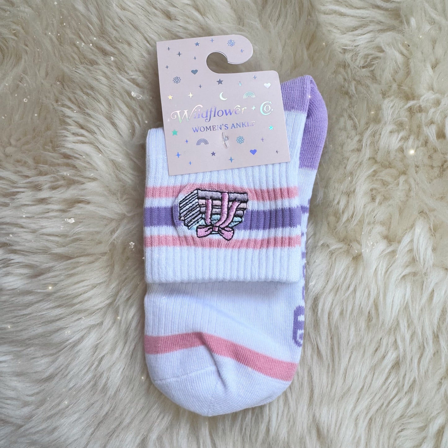Bookish Book Stack Embroidered Socks - Pastel