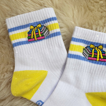 Bookish Book Stack Embroidered Socks - Bright