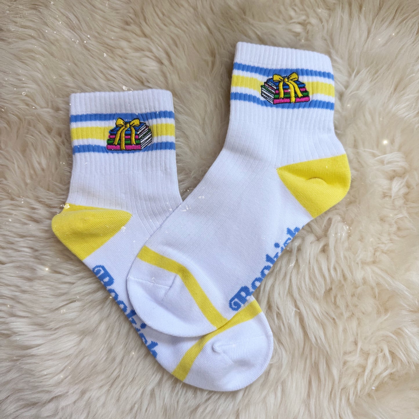 Bookish Book Stack Embroidered Socks - Bright