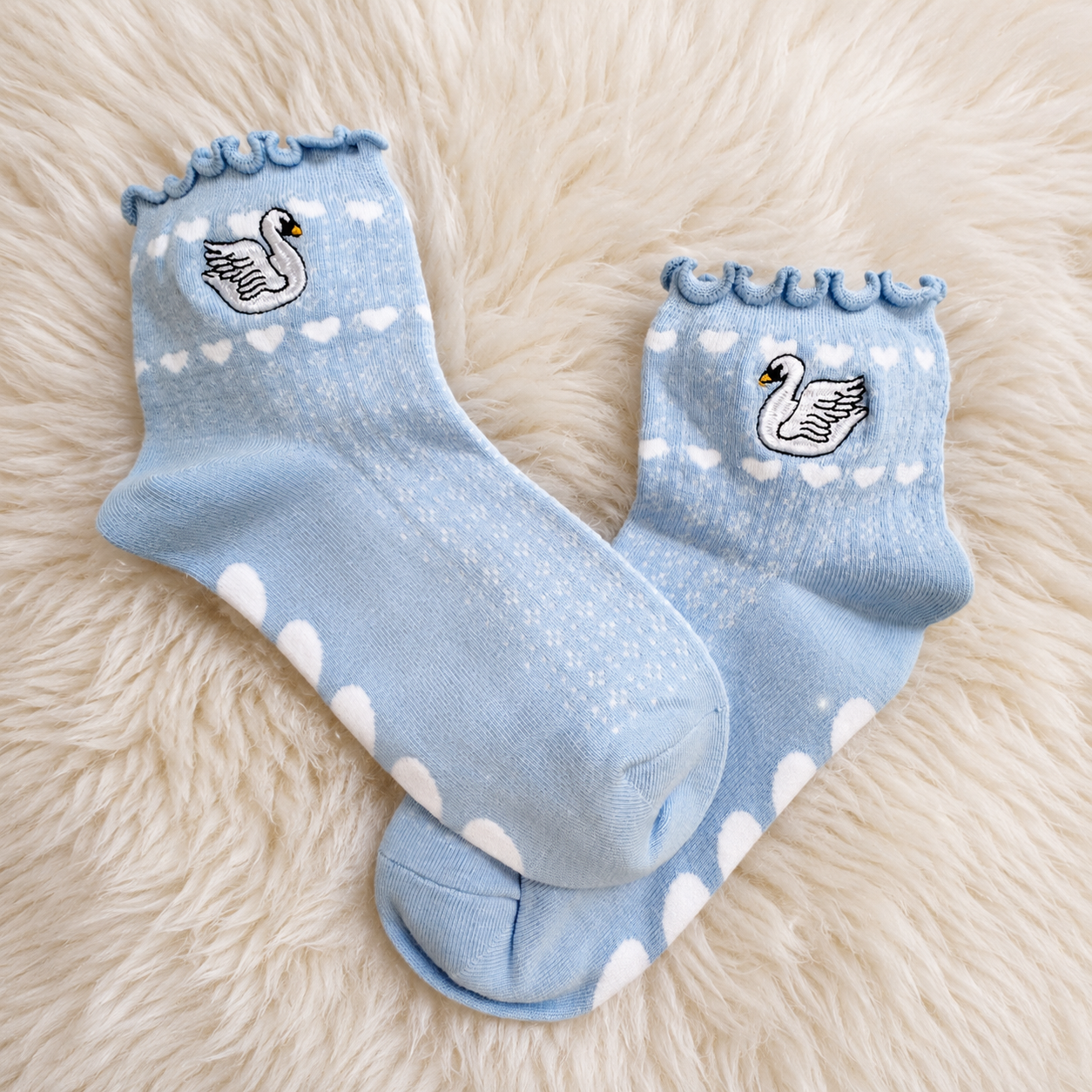 Swan Embroidered Ruffle Socks - Sky Blue