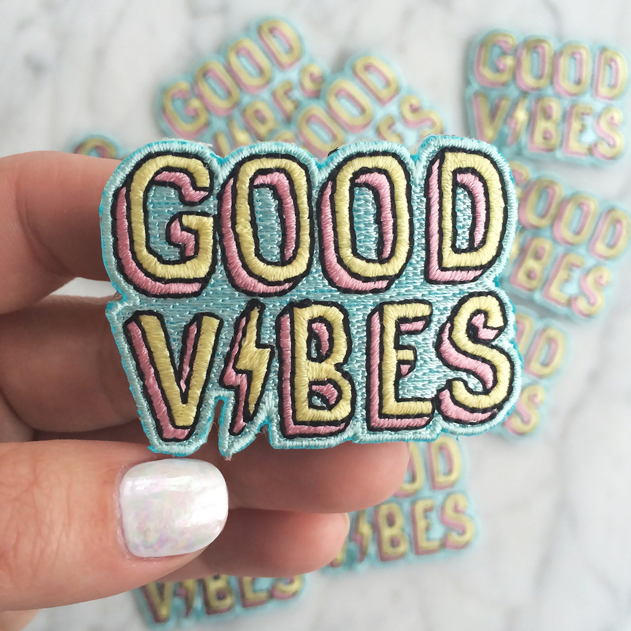 TR00188-BLK-OS-R - Good_Vibes_-_Iron_On_Patch_-_Patches_-_Embroidered_Applique_-_Pastel_Aqua_Pink_Yellow_Lightning_-_Wildflower_Co. (2) hand
