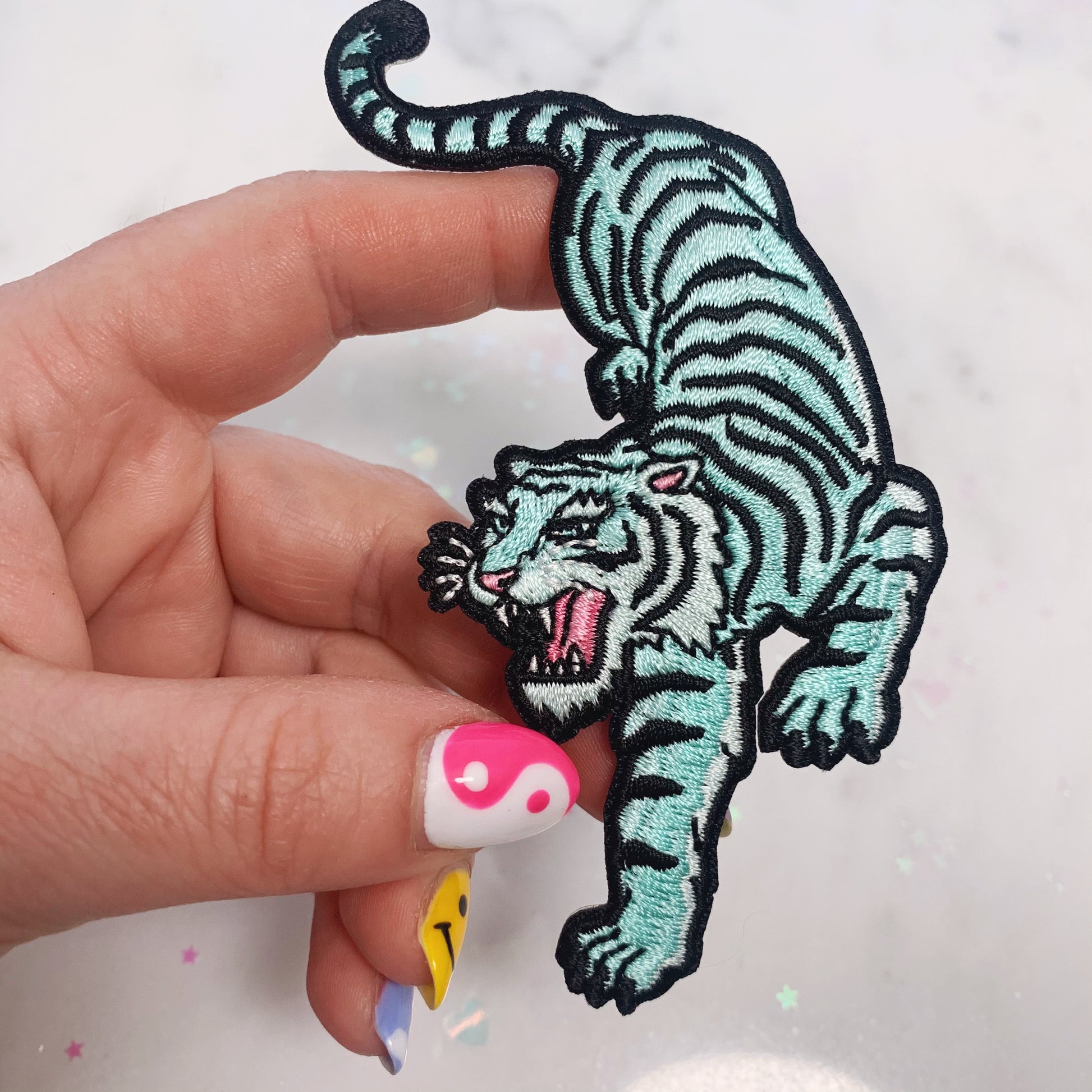 TR00210-ALL-OS-R Pastel Tiger Patches - Embroidered Iron On Appliques - Patches for Jackets - Wildflower + Co. DIY aqua